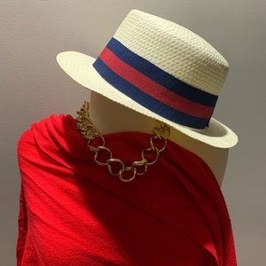 Straw Boater Hat with Two-Tone Stripe  Ribbon